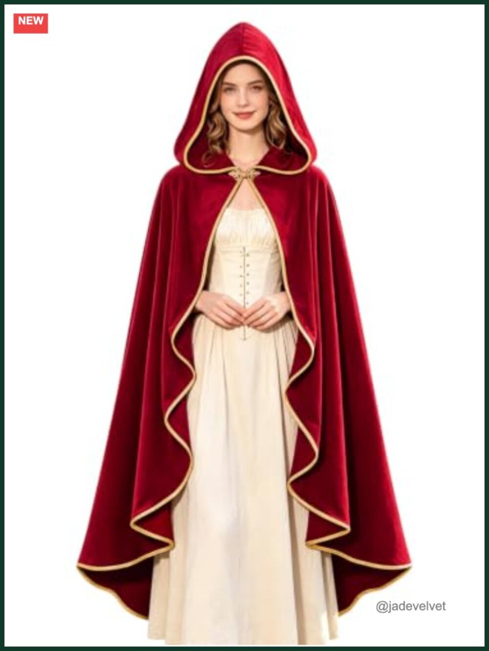 Women's Velvet Hooded Medieval Cloak Renaissance Cape Gold Trim Halloween